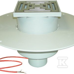Wpust grawitacyjny podgrzewany na 230V do dachów lub tarasów z ruchem pieszym, DN125 pionowy z kratką ze stali szlachetnej i kołnierzem PVC do montażu membran PVC HL62.1BP/2