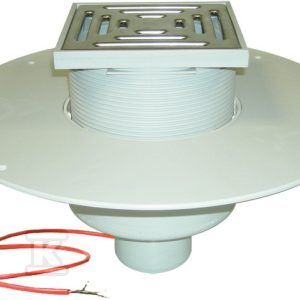 Wpust grawitacyjny podgrzewany na 230V do dachów lub tarasów z ruchem pieszym, DN160 pionowy z kratką ze stali szlachetnej i kołnierzem PVC do montażu membran PVC HL62.1BP/5