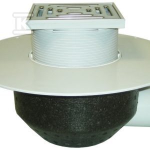 Wpust dachowy grawitacyjny DN110 poziomy z ocieplanym korpusem, z kołnierzem PVC tylko dla hydroizolacji z folii PVC do zgrzewania, kratka 148x148mm o regulowanej wysokości z rusztem nierdzewnym 137x137mm HL64BP/1