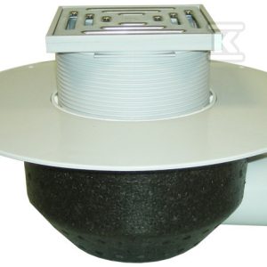 Wpust dachowy grawitacyjny DN75 poziomy z ocieplanym korpusem, z kołnierzem PVC tylko dla hydroizolacji z folii PVC do zgrzewania, kratka 148x148mm o regulowanej wysokości z rusztem nierdzewnym 137x137mm HL64BP/7