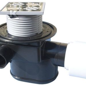 Wpust piwniczny podłogowy DN75/110 poziomy z zaworem zwrotnym, 3 dopływami DN40/50, nasadą 123x123mm i rusztem nierdzewnym K3 (300 kg) HL70