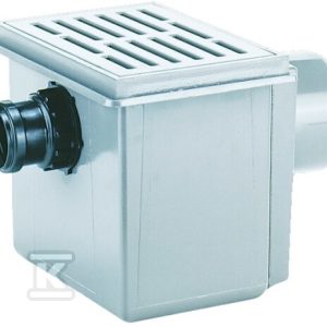 Wpust piwniczny DN110 z odejściem poziomym, z dopływem DN50, kratką z tworzywa sztucznego 155x225mm i koszem na zanieczyszczenia HL71.1/50