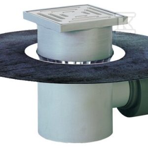 Wpust stropowy DN75/110 z odejściem poziomym, z kołnierzem bitumicznym d 500mm, zasyfonowaniem i kratką ściekową z tworzywa sztucznego 138x138mm HL72.1H
