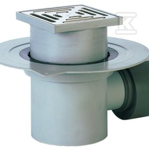 Wpust stropowy DN75/110 z odejściem poziomym, z kołnierzem uszczelniajacym, zasyfonowaniem i kratką ściekową ze stali szlachetnej 138x138mm HL72.1N
