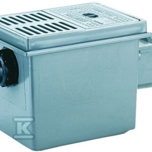 Wpust piwniczny DN110 z odejściem poziomym z potrójnym zaworem, dodatkowy dopływ DN50, kratką ściekowa z tworzywa sztucznego 180x125mm i wiaderkiem szlamowym HL77.1