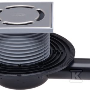 Wpust balkonowo-tarasowy DN40/50 poziomy z kołnierzem przyłączeniowym, sitkiem, ramą nasadową 123x123mm i rusztem ze stali szlachetnej K3-300 kg HL90