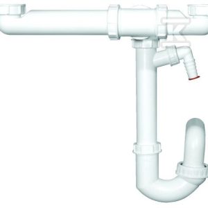 Syfon podwójny do zlewu z PP DN50x6/4′ mimośrodowy z przyłączem do pralki / zmywarki, oszczędzający miejsce pod zlewem HL126.2/50