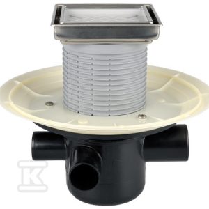 Wpust podłogowy DN50 poziomy z 3 bocznymi dopływami DN40/50 i ramką do wypłytkowania 132x132mm/ 112x112mm HL304-3020
