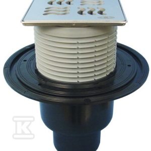 Wpust stropowy DN50/75/110 pionowy z kołnierzem przyłączeniowym, syfonem wodnym i nasadą ze stali szlachetnej 121x121mm z rusztem dekoracyjnym HL310N-3125