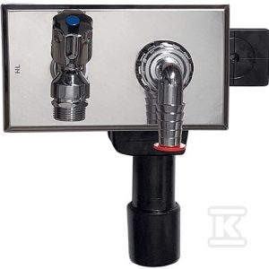 Syfon podtynkowy do AGD DN40 / 50 z zaworem czerpalnym i kolankiem chrom do węża 3 / 4”, korkiem, płytką dekoracyjną stali szlachetnej HL406