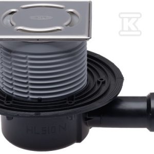 Wpust stropowy DN40/50 poziomy z kołnierzem przyłączeniowym, syfonem wodnym i nasadą ze stali szlachetnej 121x121mm z rusztem HL510N-3000
