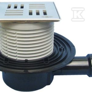 Wpust stropowy DN40/50 poziomy z kołnierzem przyłączeniowym, syfonem wodnym i nasadą ze stali szlachetnej 121x121mm z rusztem dekoracyjnym HL510N-3124