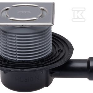 Wpust stropowy DN40/50 poziomy z kołnierzem przyłączeniowym, syfonem antyzapachowym i nasadą ze stali szlachetnej 121x121mm z rusztem HL510PRBLUE-3000