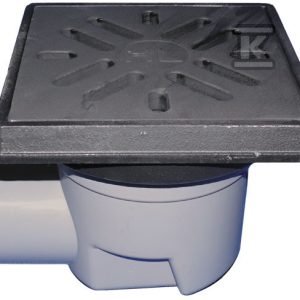 Wpust podwórzowy Perfekt DN110 z odejściem poziomym, ramą z żeliwa 260x260mm, kratką ściekową z żeliwa 226x226mm, syfonem i koszem osadczym HL605.1W