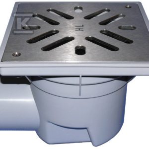 Wpust podwórzowy Perfekt DN110 z odejściem poziomym, ramą z tworzywa sztucznego 244x244mm, kratką ściekową ze stali szlachetnej 226x226mm, syfonem i koszem osadczym HL605SW