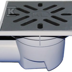 Wpust podwórzowy Perfekt DN110 z odejściem poziomym, ramą z tworzywa sztucznego 244x244mm, kratką ściekową z żeliwa 226x226mm, syfonem i koszem osadczym HL605W