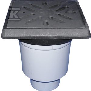 Wpust podwórzowy Perfekt DN110 z odejściem pionowym, ramą z żeliwa 260x260mm, kratką ściekową z żeliwa 226x226mm, syfonem i koszem osadczym HL606.1W/1