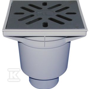 Wpust podwórzowy Perfekt DN160 z odejściem pionowym, ramą z tworzywa sztucznego 244x244mm, kratką ściekową z żeliwa 226x226mm, klapą antyzapachową i osadnikiem piasku HL606/5