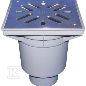 Wpust podwórzowy Perfekt DN160 z odejściem pionowym, ramą z tworzywa sztucznego 244x244mm, kratką ściekową ze stali szlachetnej 226x226mm, klapą antyzapachową i koszem osadczym HL606S/5