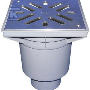 Wpust podwórzowy Perfekt DN110 z odejściem pionowym, ramą z tworzywa sztucznego 244x244mm, kratką ściekową ze stali szlachetnej 226x226mm, syfonem i koszem osadczym HL606SW/1