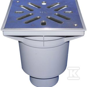 Wpust podwórzowy Perfekt DN160 z odejściem pionowym, ramą z tworzywa sztucznego 244x244mm, kratką ściekową ze stali szlachetnej 226x226mm, syfonem i koszem osadczym HL606SW/5