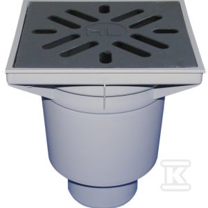 Wpust podwórzowy Perfekt DN110 z odejściem pionowym, ramą z tworzywa sztucznego 244x244mm, kratką ściekową z żeliwa 226x226mm, syfonem i koszem osadczym HL606W/1