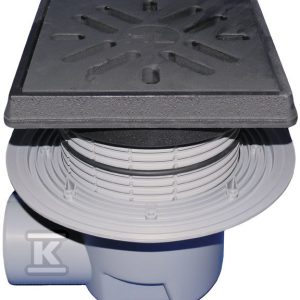Wpust podwórzowy Perfekt DN110 z odejściem poziomym i kołnierzem przyłączeniowym, ramą żeliwną 260x260mm, kratką z żeliwa 226x226mm, klapą antyzapachową i koszem osadczym HL615.1