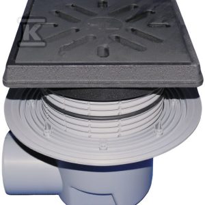 Wpust podwórzowy Perfekt DN110 z odejściem poziomym, ramą 260x260mm i kratką 226x226mm z żeliwa, koszem na zanieczyszczenia i zasyfonowaniem wodnym HL615.1W