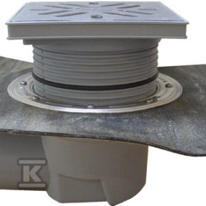 Wpust podwórzowy Perfekt DN110 z odejściem poziomym i kołnierzem bitumicznym, ramą z tworzywa sztucznego 240x240mm, kratką ze stali szlachetnej 226x226mm, klapą zapachową i koszem osadczym HL615HS