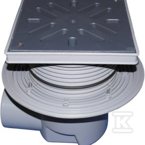 Wpust podwórzowy Perfekt DN110 z odejściem poziomym i kołnierzem przyłączeniowym, ramą z tworzywa sztucznego 240x240mm, kratką z tworzywa sztucznego 226x226mm, klapą antyzapachową i koszem osadczym HL615L