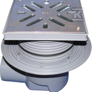 Wpust podwórzowy Perfekt DN110 z odejściem poziomym i kołnierzem przyłączeniowym, ramą z tworzywa sztucznego 240x240mm, kratką ze stali szlachetnej 226x226mm, klapą antyzapachową i koszem osadczym HL615S