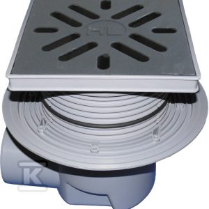 Wpust podwórzowy Perfekt DN110 z odejściem poziomym i kołnierzem przyłączeniowym, ramą z tworzywa sztucznego 240x240mm, kratką z żeliwa 226x226mm, syfonem i koszem osadczym HL615W