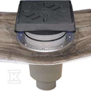Wpust podwórzowy Perfekt DN110 z odejściem pionowym, kołnierzem bitumicznym, ramą z żeliwa 260x260mm, kratką ściekową z żeliwa 226x226mm, klapą antyzapachową i koszem osadczym HL616.1H/1