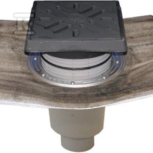 Wpust podwórzowy Perfekt DN160 z odejściem pionowym, kołnierzem bitumicznym, ramą z żeliwa 260x260mm, kratką ściekową z żeliwa 226x226mm, klapą antyzapachową i koszem osadczym HL616.1H/5