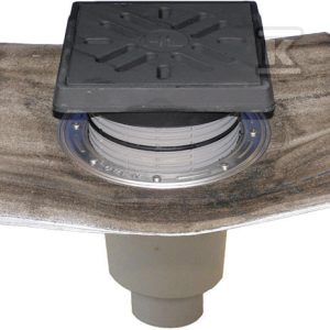 Wpust podwórzowy Perfekt DN110 z odejściem pionowym, kołnierzem bitumicznym i ramą z żeliwa 260x260mm, kratką ściekową z żeliwa 226x226mm, syfonem wodnym i koszem osadczym HL616.1HW/1