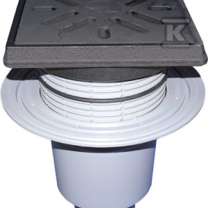 Wpust podwórzowy Perfekt DN160 z odejściem pionowym, kołnierzem przyłączeniowym, ramą z żeliwa 260x260mm, kratką ściekową z żeliwa 226x226mm, syfonem wodnym i koszem osadczym HL616.1W/5