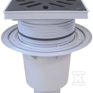 Wpust podwórzowy Perfekt DN110 z odejściem pionowym i kołnierzem przyłączeniowym, ramą z tworzywa sztucznego 240x240mm, kratką ściekową z żeliwa 226 x226mm, klapą antyzapachową i koszem osadczym HL616/1