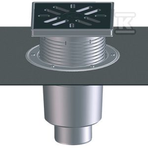 Wpust podwórzowy Perfekt DN110 z odejściem pionowym, kołnierzem bitumicznym i ramą z tworzywa sztucznego 240x240mm, kratką ściekową z żeliwa 226x226mm, klapą antyzapachową i koszem osadczym HL616H/1