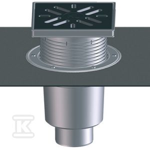 Wpust podwórzowy Perfekt DN110 z odejściem pionowym, kołnierzem bitumicznym i ramą z tworzywa sztucznego 240x240mm, kratką ściekową z tworzywa sztucznego 226x226mm, klapą antyzapachową i koszem osadczym HL616HL/1