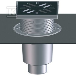 Wpust podwórzowy Perfekt DN160 z odejściem pionowym, kołnierzem bitumicznym i ramą z tworzywa sztucznego 240x240mm, kratką ściekową z tworzywa sztucznego 226x226mm, klapą antyzapachową i koszem osadczym HL616HL/5