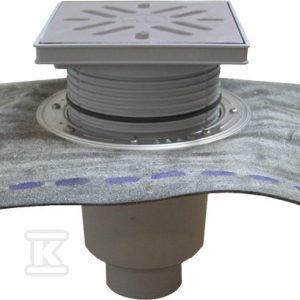 Wpust podwórzowy Perfekt DN110 z odejściem pionowym, kołnierzem bitumicznym i ramą z tworzywa sztucznego 240x240mm, kratką ściekową ze stali szlachetnej 226x226mm, zasyfonowaniem wodnym i koszem osadczym HL616HSW/1