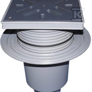 Wpust podwórzowy Perfekt DN110 z odejściem pionowym, kołnierzem przyłączeniowym, ramą z tworzywa sztucznego 240x240mm, kratką ściekową z tworzywa sztucznego 226x226mm, klapą antyzapachową i koszem osadczym HL616L/1