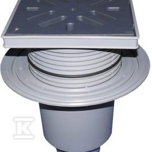 Wpust podwórzowy Perfekt DN110 z odejściem pionowym, kołnierzem przyłączeniowym, ramą z tworzywa sztucznego 240x240mm, kratką ściekową z tworzywa sztucznego 226x226mm, zasyfonowaniem i koszem osadczym HL616LW/1
