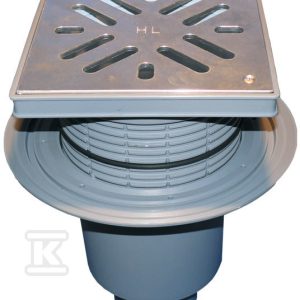 Wpust podwórzowy Perfekt DN110 z odejściem pionowym, kołnierzem przyłączeniowym, ramą z tworzywa sztucznego 240 x240mm, kratką ściekową ze stali szlachetnej 226x226mm, klapą antyzapachową i koszem osadczym HL616S/1