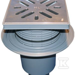 Wpust podwórzowy Perfekt DN160 z odejściem pionowym, kołnierzem przyłączeniowym, ramą z tworzywa sztucznego 240 x240mm, kratką ściekową ze stali szlachetnej 226x226mm, klapą antyzapachową i koszem osadczym HL616S/5
