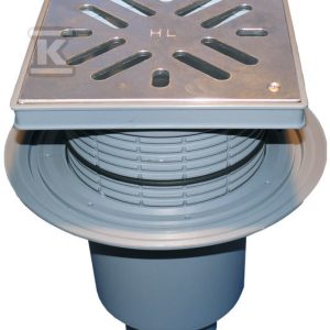 Wpust podwórzowy Perfekt DN160 z odejściem pionowym, kołnierzem przyłączeniowym, ramą z tworzywa sztucznego 240x240mm, kratką ściekową ze stali szlachetnej 226x226mm, zasyfonowaniem wodnym i koszem osadczym HL616SW/5