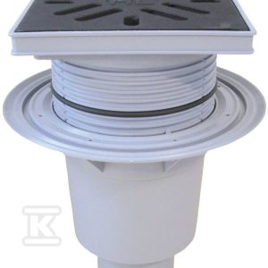 Wpust podwórzowy Perfekt DN110 z odejściem pionowym, kołnierzem przyłączeniowym, ramą z tworzywa sztucznego 240x240mm, kratką ściekową z żeliwa 226x226mm, zasyfonowaniem wodnym i koszem osadczym HL616W/1