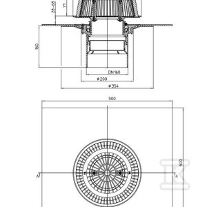 Wpust dachowy awaryjny grawitacyjny DN160 pionowy, podgrzewany na 230V z przelewem o regulowanej wysokości 28-68mm i kołnierzem bitumicznym HL62.1HSAFE/5