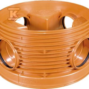 Kineta PP 1000×200 dopływ lewy+prawy 135st.+225st. typ2 zbiorcza, bezspadkowa, do pierścienia wznoszącego 1000mm oraz rur wlotowych gładkich 200mm, bez uszczelki, kolor pomarańczowy (Diamir 1000) 2632134530