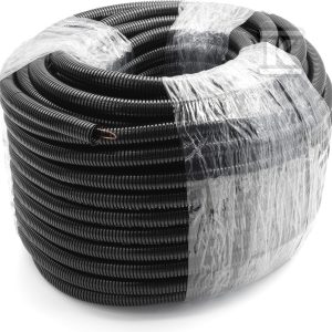 Rura karbowana bezhalogenowa czarna, odporność 320N, (peszel bezhalogenowy) RIL-PA6-HB-P ,16×21, odporna na UV + dławik czarny kątowy 90° M25x1,5 (16×21) 968-322-2 do peszla poliamidowego,pakowany po 20 szt. DLS016